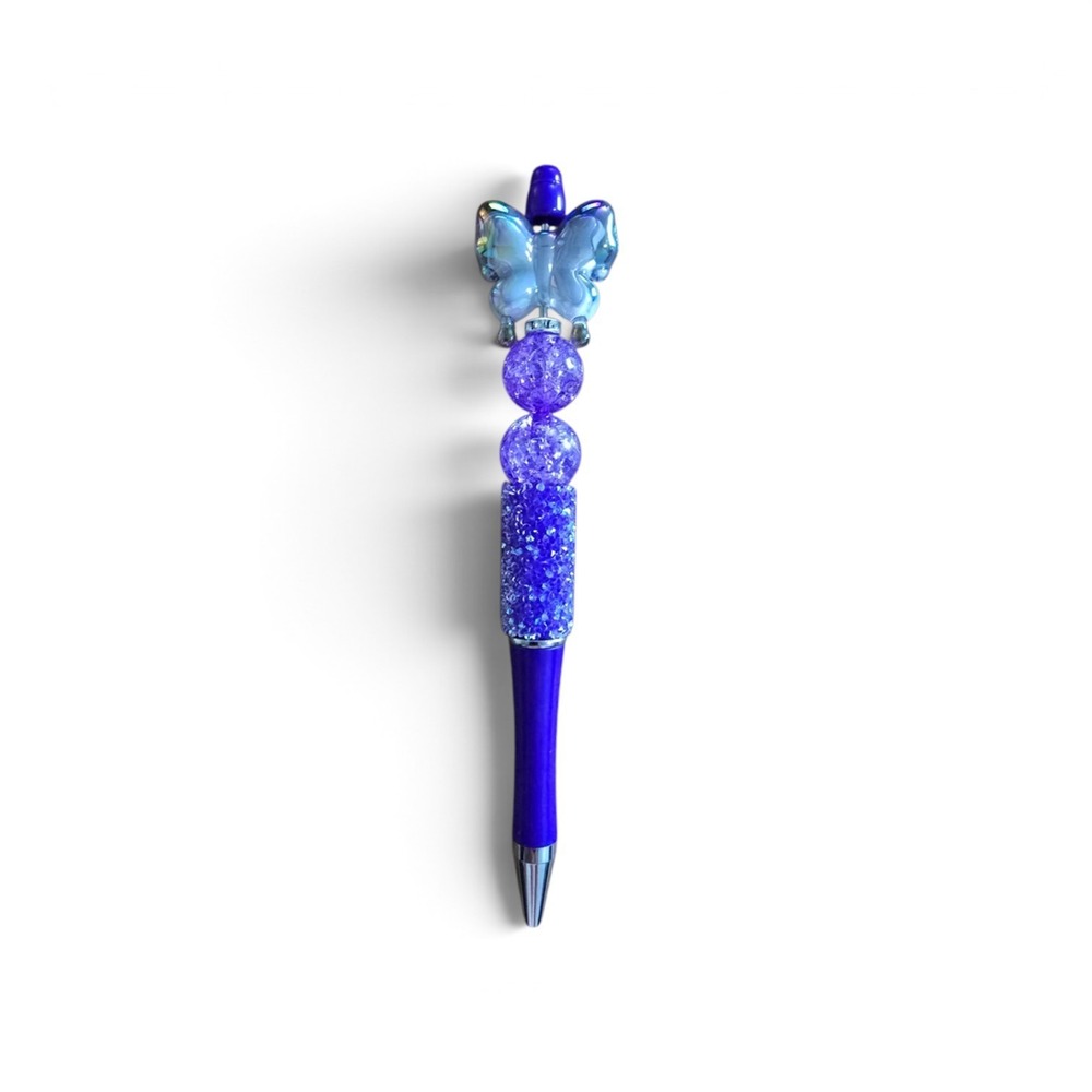 Handmade Purple Beaded Pen with Iridescent Blue Butterfly and Crackle Beads
